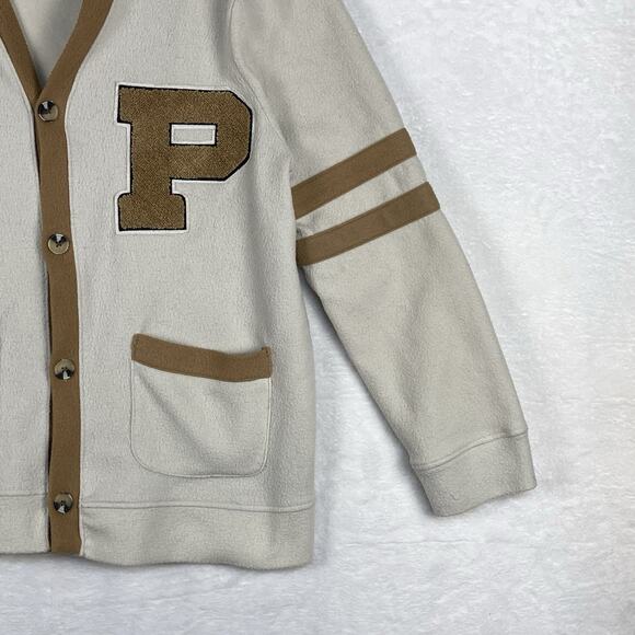 DR Essentials Mens L Ivory Tan Fleece Varsity Letter Cardigan Sweater College - Picture 2 of 10